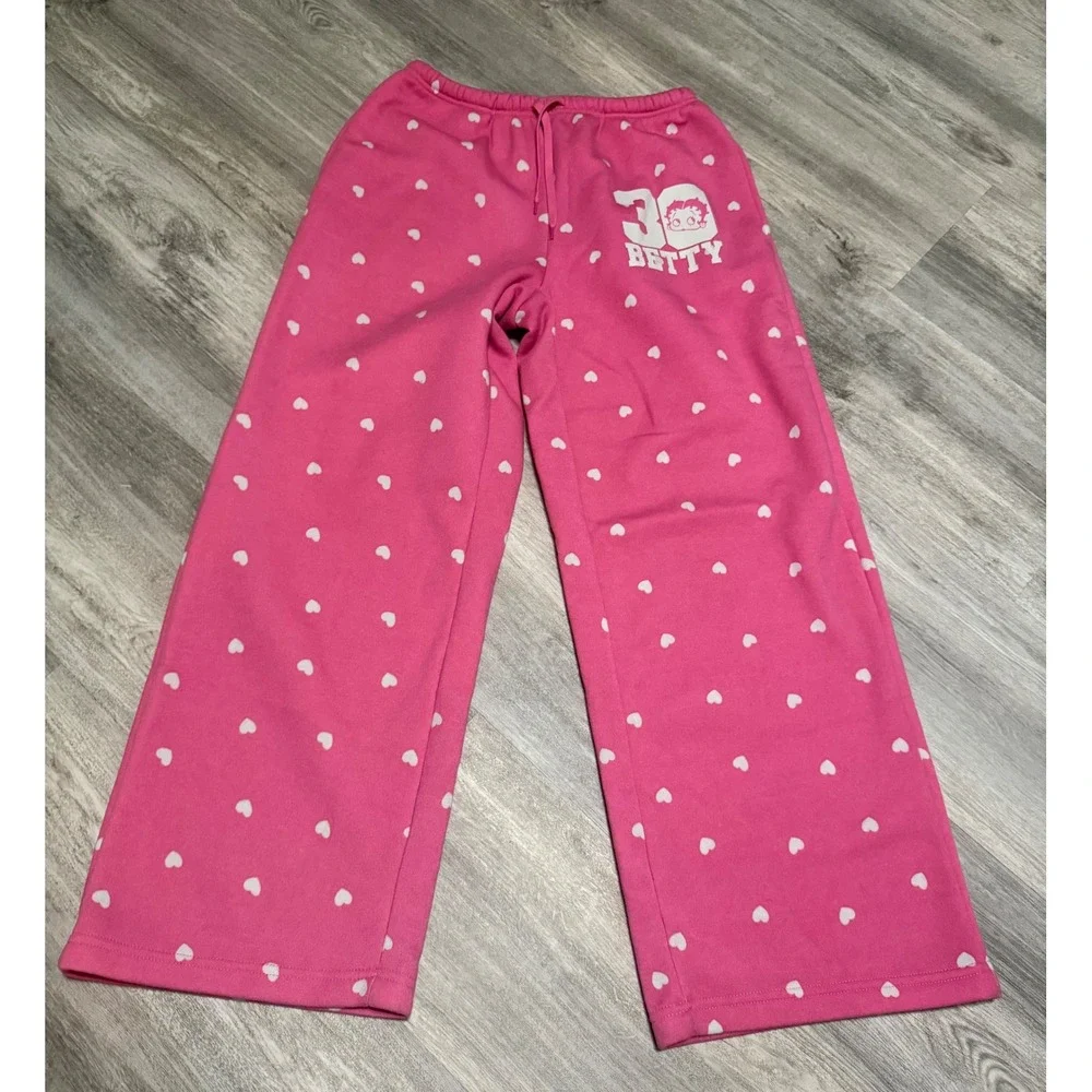 Betty Boop Pink Heart‎ Print Wide Leg Sweatpants Fleischer Studios Small